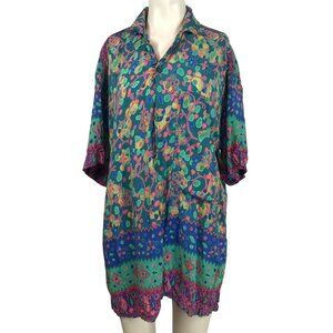 RAINBOW JO - WOMENS XL -MULTICOLOR SHORT SLEEVE BUTTON COLLARED TOP HAWAIIAN ART